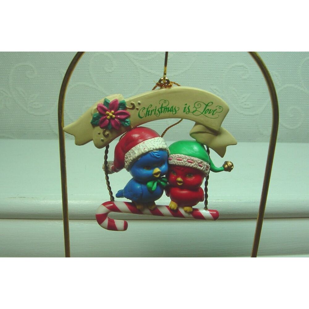 VINTAGE LUSTRE FAME ORNAMENT CHRISTMAS IS LOVE-BIRDS ON A CANDY CANE-1993